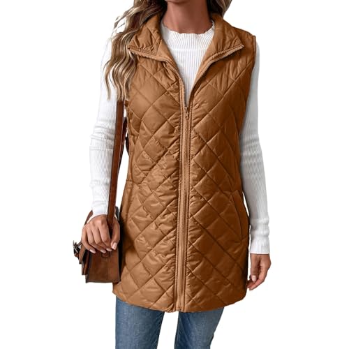 Steppweste Damen Mittellang Winter Leichte Weste Casual Ärmellos Winterjacke Warm Daunenweste Reissverschluss Steppweste Frauen Stehkragen Outdoorweste Winterweste Übergangsweste Mit Taschen von FUPODD