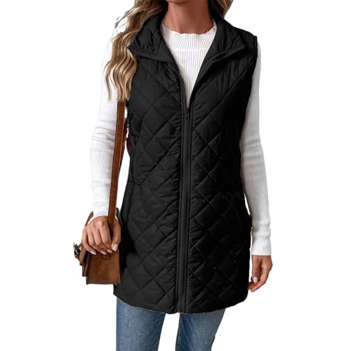 Steppweste Damen Mittellang Winter Leichte Weste Casual Ärmellos Winterjacke Warm Daunenweste Reissverschluss Steppweste Frauen Stehkragen Outdoorweste Winterweste Übergangsweste Mit Taschen von FUPODD