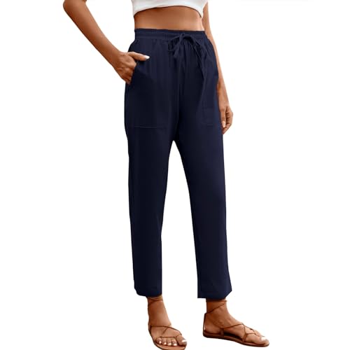 Stoffhose Damen Mit Gummizug Chino Damen Hose Gerades Bein Freizeithose Lockere Sommerhosen Damen Leicht Luftig Musselin Hose Damen Mit Taschen Strandhose Damen Bequeme Schlupfhose Plissee Hose von FUPODD