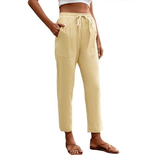 Stoffhose Damen Mit Gummizug Chino Damen Hose Gerades Bein Freizeithose Lockere Sommerhosen Damen Leicht Luftig Musselin Hose Damen Mit Taschen Strandhose Damen Bequeme Schlupfhose Plissee Hose von FUPODD