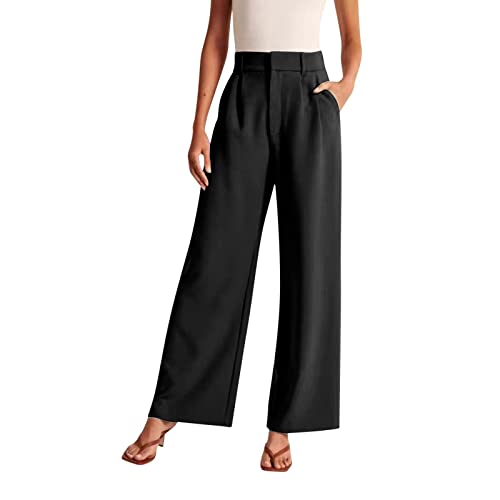 Stoffhose Damen Sommer Leicht,Damen Arbeitshose Damen Schwarz Stretch Hose Sommer Loose Dünne Sommerhose Damen Schleifen Marlenehose Elegant Hohe Taille Anzughose Damen Gerades Bein von FUPODD