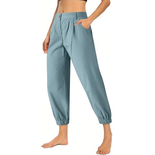 Stoffhose Damen Sommer Mit Taschen Schlupfhose Damen 7/8 Hosen Damen Sommerhosen Damen Leicht Und Luftig Musselin Hose Damen Mit Gummizug Plissee Hose Damen Cargohose Damen Baggy Freizeithose Damen von FUPODD