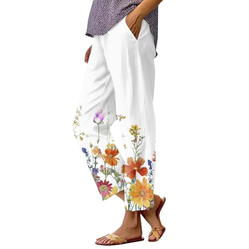 Strandhose Damen Freizeithose Damen Sommerhosen Damen Leicht Und Luftig Stoffhose Damen Mit Gummibund Musselin Hose Damen Mit Taschen Schlupfhose Damen Blumen Plissee Hose Damen Lockere Hosen Damen von FUPODD