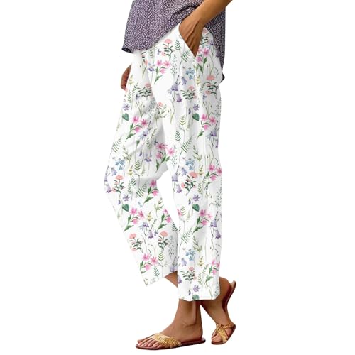 Strandhose Damen Freizeithose Damen Sommerhosen Damen Leicht Und Luftig Stoffhose Damen Mit Gummibund Musselin Hose Damen Mit Taschen Schlupfhose Damen Blumen Plissee Hose Damen Lockere Hosen Damen von FUPODD