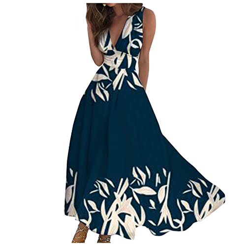Strandkleid Damen Lang Ärmellos V Ausschnitt Boho-Kleid Sommer A-Linien Schwingen Sommerkleider Hohe Taille Etuikleid Empire Blumen Sommerkleid Damen Leicht Und Luftig Floral Partykleid von FUPODD