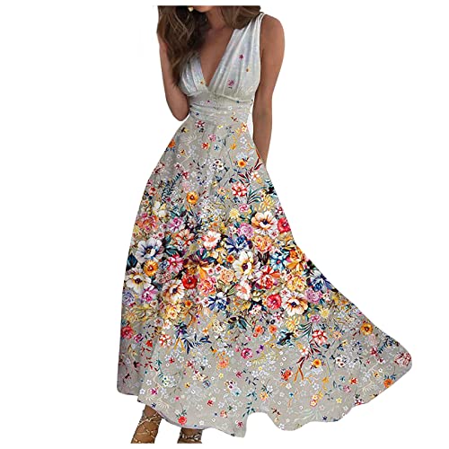 Strandkleid Damen Lang Ärmellos V Ausschnitt Boho-Kleid Sommer A-Linien Schwingen Sommerkleider Hohe Taille Etuikleid Empire Blumen Sommerkleid Damen Leicht Und Luftig Floral Partykleid von FUPODD