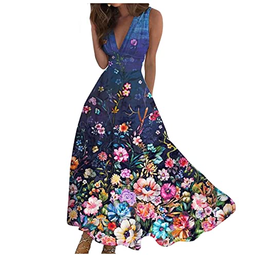 Strandkleid Damen Lang Ärmellos V Ausschnitt Boho-Kleid Sommer A-Linien Schwingen Sommerkleider Hohe Taille Etuikleid Empire Blumen Sommerkleid Damen Leicht Und Luftig Floral Partykleid von FUPODD