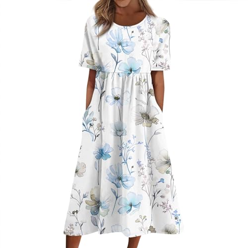 Strandkleid Damen Lang Große Größen Blusenkleid Sommer Boho-Kleid A Linien Lange Sommerkleider Partykleid Strandkleider T Shirt Kleid Leichte Umstandskleid Festlich Shirtkleid A Linie von FUPODD