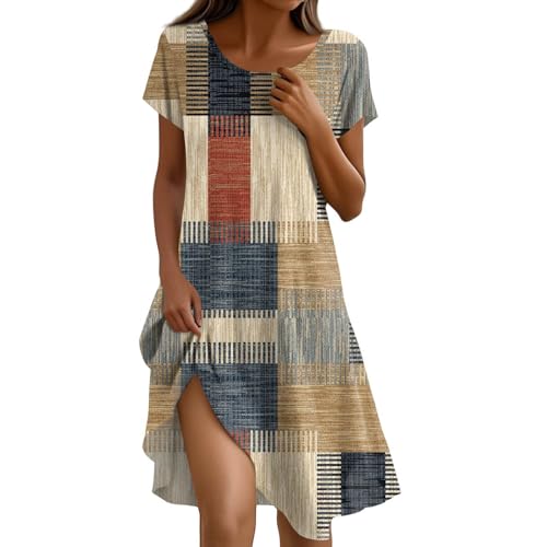 Strandkleid Damen Luftig Schicke Sommerkleider Luftige Blumenkleid Sommerkleid Große Größen Infinity Kleid Bohemian Tshirtkleid Knie Lange Rundhals Midikleider Hawaii Ibiza-Kleid Knielanges von FUPODD