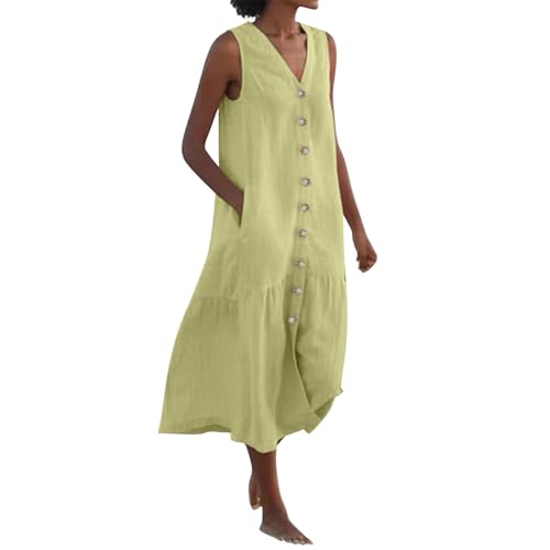 Strandkleid Damen V Ausschnitt Sommerkleid Mit Knöpfen Wadenlang Kleider Sommer Lang Luftige Sommerkleider Locker Elegant Frauen Ärmellos Kleid Leicht Elegante Midi Damenkleider Mit Taschen von FUPODD