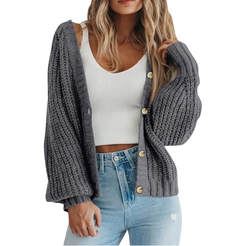 Strickjacke Damen Kurz Grobstrick Pullover & Strickjacken Für Damen Warm Oversize Grobstrickjacke Damen Dicke Open Front Cardigan Frauen Elegant Strickmantel Langarm Casual Laternenärmel von FUPODD