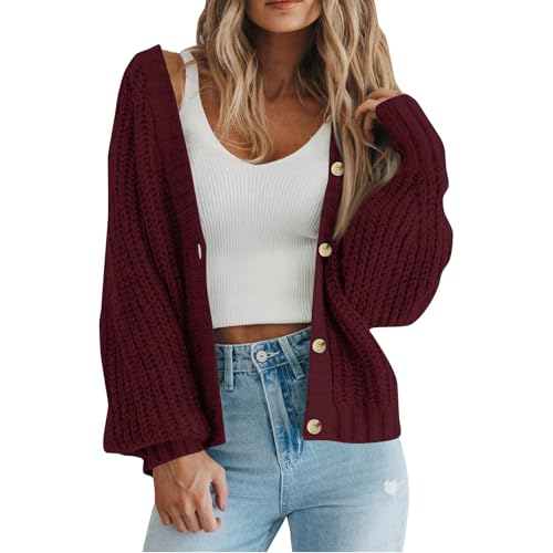 Strickjacke Damen Kurz Grobstrick Pullover & Strickjacken Für Damen Warm Oversize Grobstrickjacke Damen Dicke Open Front Cardigan Frauen Elegant Strickmantel Langarm Casual Laternenärmel von FUPODD