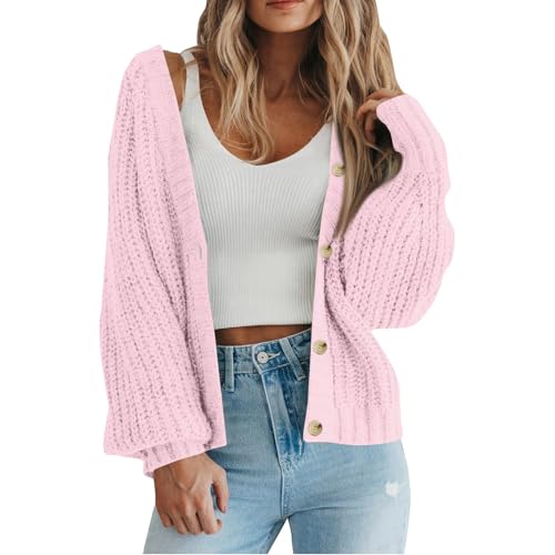 Strickjacke Damen Kurz Grobstrick Pullover & Strickjacken Für Damen Warm Oversize Grobstrickjacke Damen Dicke Open Front Cardigan Frauen Elegant Strickmantel Langarm Casual Laternenärmel von FUPODD