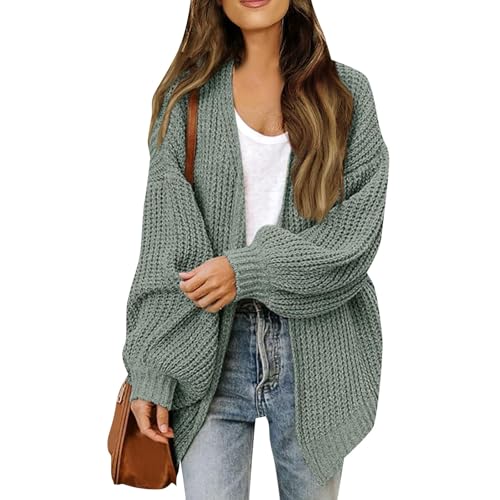 Strickjacke Damen Kurz Grobstrick Pullover & Strickjacken Für Damen Warm Oversize Grobstrickjacke Damen Dicke Open Front Cardigan Frauen Elegant Strickmantel Langarm Casual Laternenärmel von FUPODD