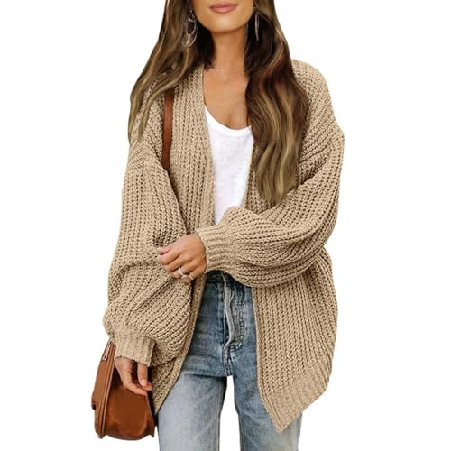Strickjacke Damen Kurz Grobstrick Pullover & Strickjacken Für Damen Warm Oversize Grobstrickjacke Damen Dicke Open Front Cardigan Frauen Elegant Strickmantel Langarm Casual Laternenärmel von FUPODD