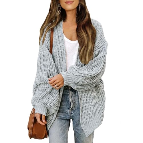 Strickjacke Damen Kurz Grobstrick Pullover & Strickjacken Für Damen Warm Oversize Grobstrickjacke Damen Dicke Open Front Cardigan Frauen Elegant Strickmantel Langarm Casual Laternenärmel von FUPODD