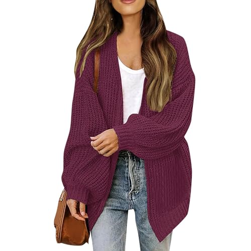 Strickjacke Damen Kurz Grobstrick Pullover & Strickjacken Für Damen Warm Oversize Grobstrickjacke Damen Dicke Open Front Cardigan Frauen Elegant Strickmantel Langarm Casual Laternenärmel von FUPODD