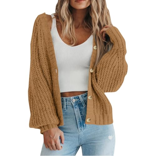 Strickjacke Damen Kurz Grobstrick Pullover & Strickjacken Für Damen Warm Oversize Grobstrickjacke Damen Dicke Open Front Cardigan Frauen Elegant Strickmantel Langarm Casual Laternenärmel von FUPODD