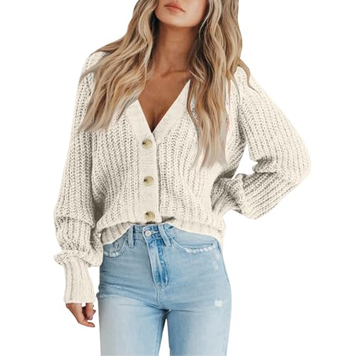 Strickjacke Damen Kurz Grobstrick Pullover & Strickjacken Für Damen Warm Oversize Grobstrickjacke Dicke Open Front Cardigan Frauen Elegant Winter Strickmantel Langarm Casual Laternenärmel von FUPODD