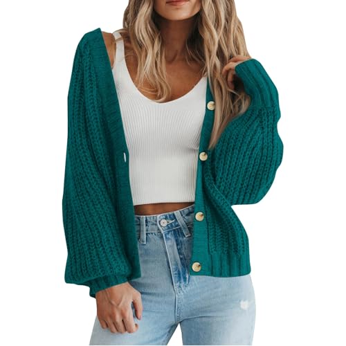 Strickjacke Damen Kurz Grobstrickjacke Casual Pullover Damenstrickjacke V-Ausschnitt Strick Cardigan Frauen Elegant Strickmantel Pulli Grobstrick Strickjacken Mit Knöpfen Schulterjacke Top von FUPODD