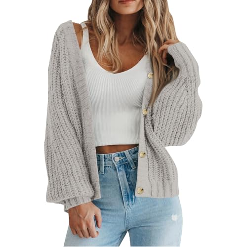 Strickjacke Damen Kurz Grobstrickjacke Casual Pullover Damenstrickjacke V-Ausschnitt Strick Cardigan Frauen Elegant Strickmantel Pulli Grobstrick Strickjacken Mit Knöpfen Schulterjacke Top von FUPODD