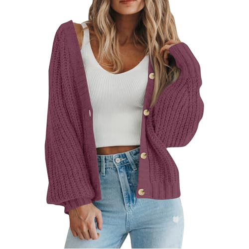 Strickjacke Damen Kurz Grobstrickjacke Casual Pullover Damenstrickjacke V-Ausschnitt Strick Cardigan Frauen Elegant Strickmantel Pulli Grobstrick Strickjacken Mit Knöpfen Schulterjacke Top von FUPODD