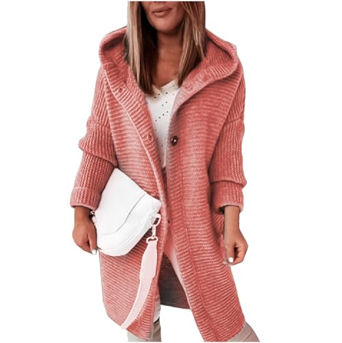 Strickjacke Damen Lang Mit Kapuze Pullover & Strickjacken Für Damen Winter Warme Strickmantel Damen Dicke Strickjacke Grobstrick Winterjacke Strick Cardigan Frauen Elegant Sweater Mit Knöpfen von FUPODD