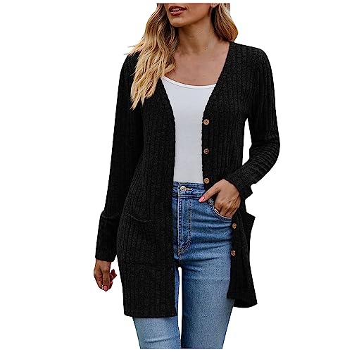 Strickjacke Damen Leichte Strickjacken Für Damen mit Taschen und Knöpfen Cardigan Elegant Strickpullover Langarm Casual Strickmantel Frauen Open Front Sweater Winter Schulterjacke Pullover von FUPODD