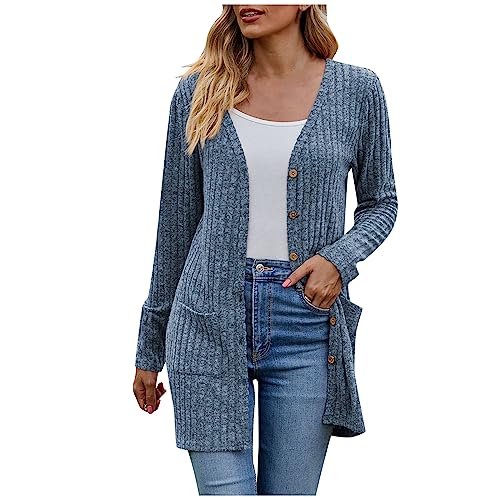 Strickjacke Damen Leichte Strickjacken Für Damen mit Taschen und Knöpfen Cardigan Elegant Strickpullover Langarm Casual Strickmantel Frauen Open Front Sweater Winter Schulterjacke Pullover von FUPODD