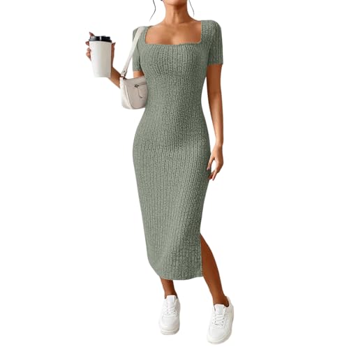 Strickkleid Damen Sommer Lang Kleid Mit Schlitz Figurbetontes Midikleid Elegant Sommerkleid Bodycon Rippenstrick Kleider Eng Kurzarm Freizeitkleid Mit Eckigem Ausschnitt Bleistiftkleid Frauen von FUPODD