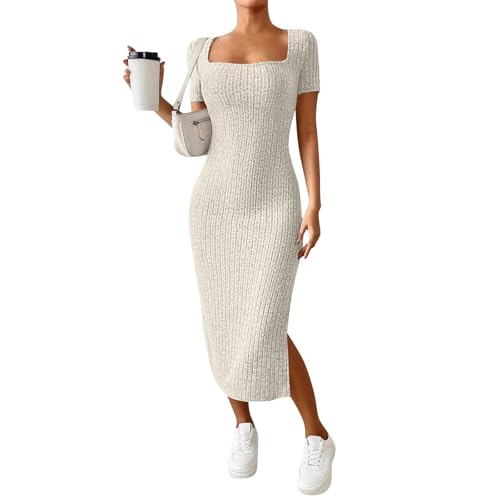 Strickkleid Damen Sommer Lang Kleid Mit Schlitz Figurbetontes Midikleid Elegant Sommerkleid Bodycon Rippenstrick Kleider Eng Kurzarm Freizeitkleid Mit Eckigem Ausschnitt Bleistiftkleid Frauen von FUPODD