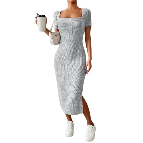Strickkleid Damen Sommer Lang Kleid Mit Schlitz Figurbetontes Midikleid Elegant Sommerkleid Bodycon Rippenstrick Kleider Eng Kurzarm Freizeitkleid Mit Eckigem Ausschnitt Bleistiftkleid Frauen von FUPODD