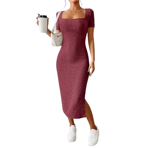 Strickkleid Damen Sommer Lang Kleid Mit Schlitz Figurbetontes Midikleid Elegant Sommerkleid Bodycon Rippenstrick Kleider Eng Kurzarm Freizeitkleid Mit Eckigem Ausschnitt Bleistiftkleid Frauen von FUPODD