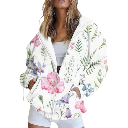 Sweatjacke Damen Mit Kapuze Jacke Damen Winter Oversize Übergangsjacke Reissverschluss Hoodie Herbstjacke Frauen Sweatshirt Kapuzenjacke Blumen Vintage Winterjacke Damen-Jacken Pullover Mantel von FUPODD