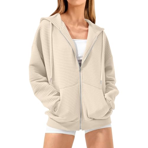 Sweatjacke Damen Mit Kapuze Sweatshirt College Jacke Damen Casual Kapuzenjacke Reißverschluss Kapuzenpullover Frauen Einfarbig Mantel Hoodie Oversize Pullover Übergangsjacke Mit Taschen von FUPODD