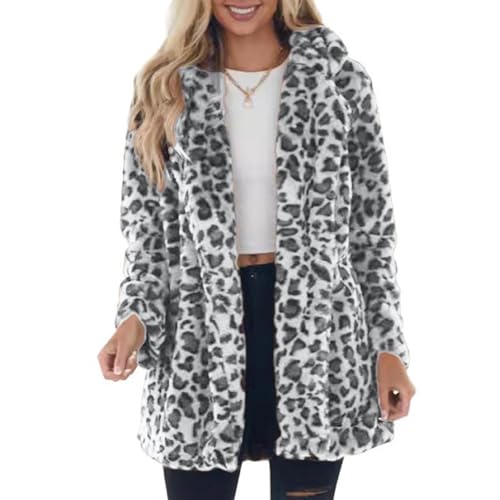 Teddy Mantel Damen Leopard Wintermantel Damen Lang Fleecejacke Flauschig Teddyjacke Revers Winterjacke Warm Fleece Teddymantel Leopardenmuster Teddyfleece Jacke Winter Plüschjacke Mit Taschen von FUPODD