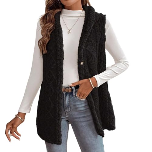 Teddy Weste Damen Lang Fleece Damen-Westen Ärmellos Mit Kapuze Fleeceweste Winter Mittellang Teddyfleece Longweste Leicht Flauschig Teddywesten Frauen Kuschelig Teddyfell Plüschweste Knöpfe von FUPODD