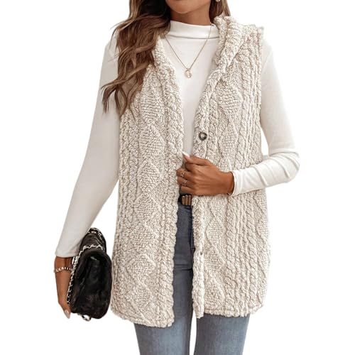 Teddy Weste Damen Lang Fleece Damen-Westen Ärmellos Mit Kapuze Fleeceweste Winter Mittellang Teddyfleece Longweste Leicht Flauschig Teddywesten Frauen Kuschelig Teddyfell Plüschweste Knöpfe von FUPODD