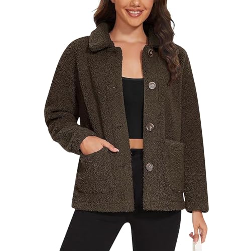 Teddyjacke Damen Elegant Fleecejacke Dicke Winterjacke Damen Warm Kuscheljacke Frauen Flauschig Jacke Knöpfen Plüschjacke Freizeit Wintermantel Einfarbig Übergangsjacke Mit Taschen Mantel von FUPODD