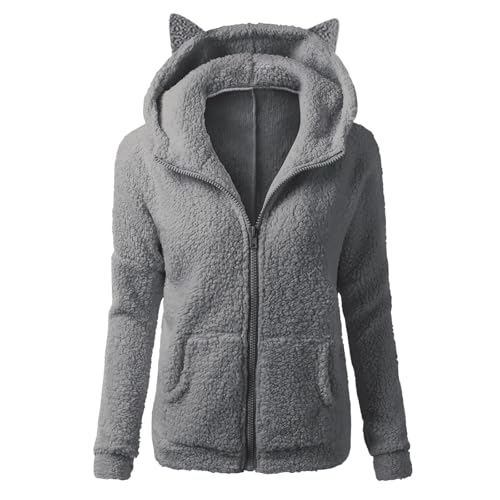 Teddyjacke Damen Mit Kapuze Katze Ohr Fleecejacke Winter Winterjacke Damen Warm Fleece Teddy Mantel Flauschig Teddyfleece Jacke Mit Ohren Taschen Plüschjacke Zip Flauschjacke Frauen Kuschelig von FUPODD