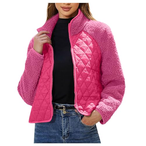 Teddyjacke Damen Winter Flauschig Winterjacke Damen Warm Gefüttert Patchwork Teddyfleece Steppmantel Zipper Fleecejacke Kurz Plüschjacke Frauen Teddy Fleece Jacken Fleecejacken Stehkragen von FUPODD