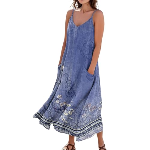 Trägerkleid Damen Sommer Lang Elegant Sommerkleid Damen Leicht Und Luftig Blumenkleid Vintage A Linie Maxikleid Sommer Boho Kleid Mit Taschen Kleider Frauen Spaghettiträger Strandkleid Locker von FUPODD
