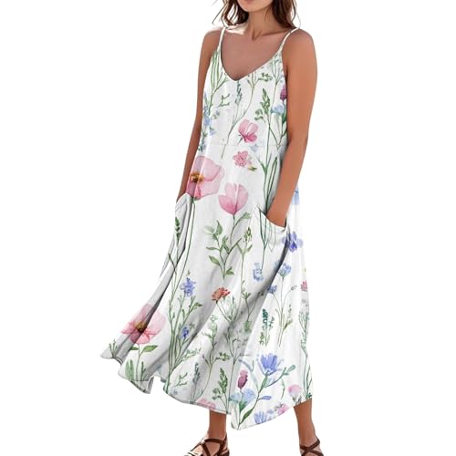 Trägerkleid Musselin Kleid Damen Strand Boho Kleid Damen Freizeit Sommerkleid Leicht Luftig Weite Dünne Flatterndem Casual Summer Dress for Women A Linien Lange Sommerkleider Strand Tunika von FUPODD