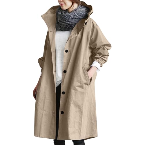 Trenchcoat Damen Langer Übergangsjacke Mit Kapuze Mantel Frauen Winter Leichte Jacke Oversized Kapuzenjacke Mit Taschen Herbstmantel Frühling Damenmantel Winddichter Windjacke Mit Knöpfen von FUPODD