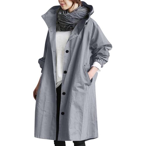 Trenchcoat Damen Langer Übergangsjacke Mit Kapuze Mantel Frauen Winter Leichte Jacke Oversized Kapuzenjacke Mit Taschen Herbstmantel Frühling Damenmantel Winddichter Windjacke Mit Knöpfen von FUPODD