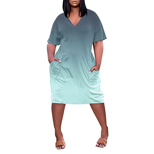Tunika Kleid Damen Große Größe Sommer Knielang Tshirt Kleider Mollige Frauen Elegant Kurzarm Sommerkleid Farbverlauf Blusenkleid V Ausschnitt Sommerkleider Leicht Luftig Shirtkleid Plus Size von FUPODD