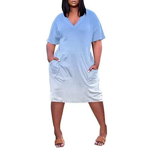 Tunika Kleid Damen Große Größe Sommer Knielang Tshirt Kleider Mollige Frauen Elegant Kurzarm Sommerkleid Farbverlauf Blusenkleid V Ausschnitt Sommerkleider Leicht Luftig Shirtkleid Plus Size von FUPODD