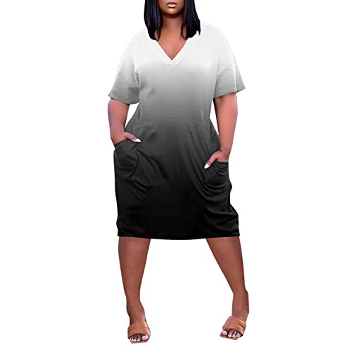 Tunika Kleid Damen Große Größe Sommer Knielang Tshirt Kleider Mollige Frauen Elegant Kurzarm Sommerkleid Farbverlauf Blusenkleid V Ausschnitt Sommerkleider Leicht Luftig Shirtkleid Plus Size von FUPODD