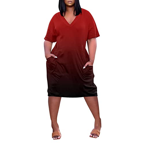 Tunika Kleid Damen Große Größe Sommer Knielang Tshirt Kleider Mollige Frauen Elegant Kurzarm Sommerkleid Farbverlauf Blusenkleid V Ausschnitt Sommerkleider Leicht Luftig Shirtkleid Plus Size von FUPODD