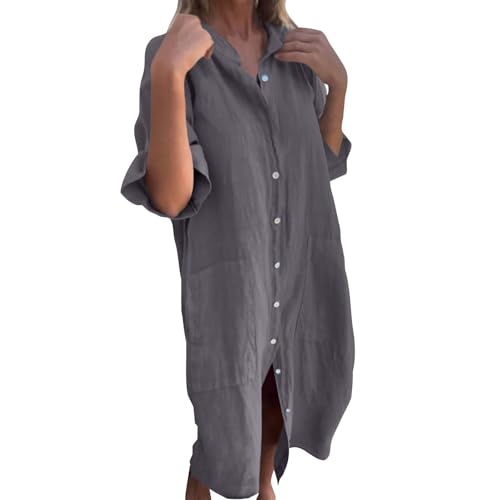 Tunika Kleid Damen Lang Halbarm Maxikleid Sommer Elegant Blusenkleid Frauen Mit Knopfleiste Sommerkleider Leicht Und Luftig Sommerkleid Stehkragen Kleider Mit Taschen Strandkleid Locker von FUPODD